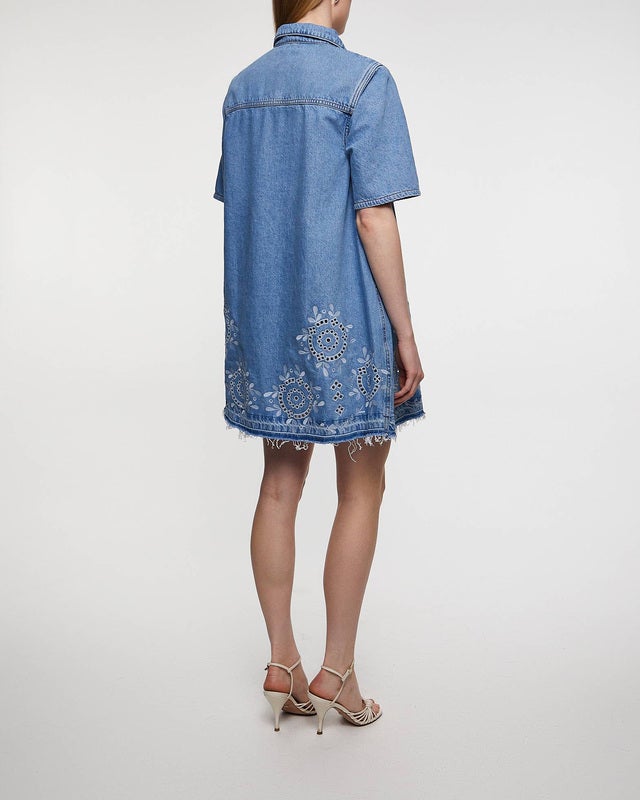 GANNI Klänning  Broderie Anglaise Denim Mini Ljusblå 36