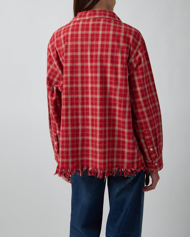 Found Shirt Camp Raw Cut Fringe Plaid Red L