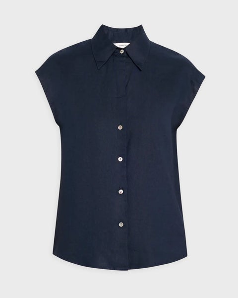 Blus Linen Cap-Sleeve Button-Front Blå 1