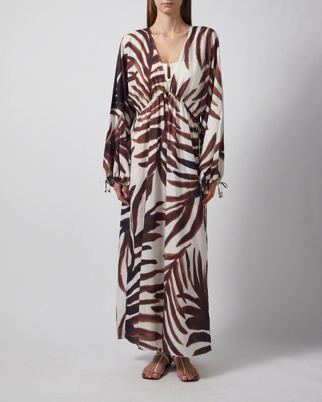 Malina Kaftan Joseline Sheer Drawstring Maxi White/Brown M-L