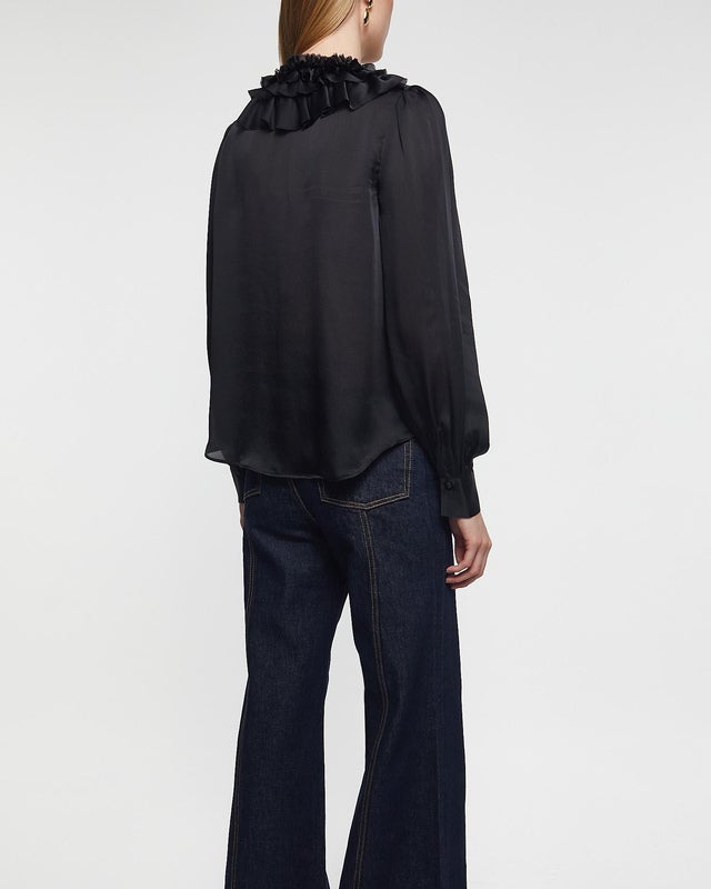 Ulla Johnson Blouse Rouen Silk Ruffle Front Long Sleeve Noir US 4 ( EUR 36)