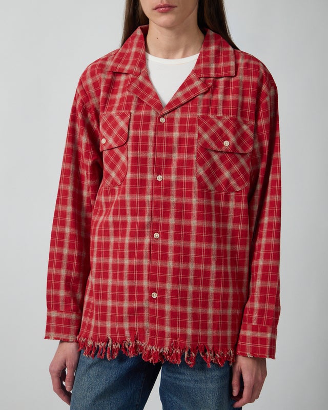Found Shirt Camp Raw Cut Fringe Plaid Red L