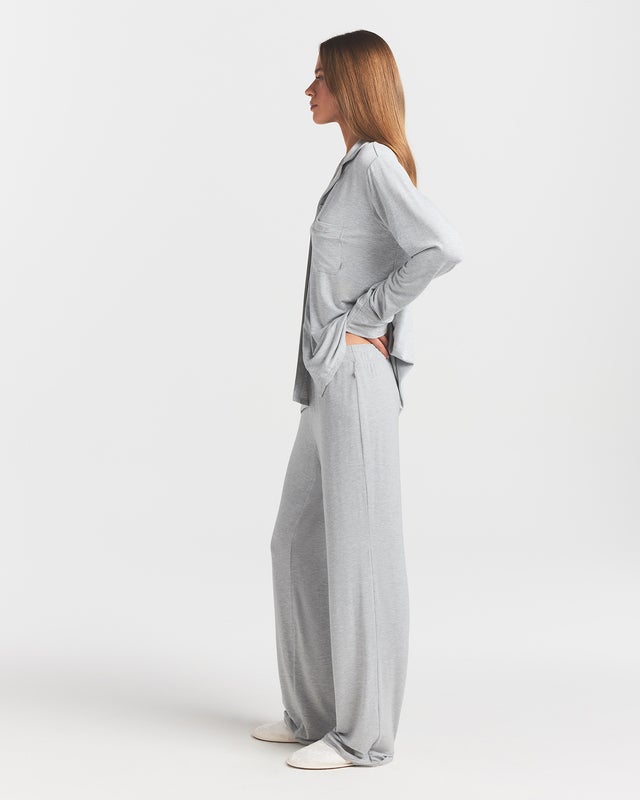 Skims Pajama Set Sleep Long Sleeve Button Up Light Heather Gray M