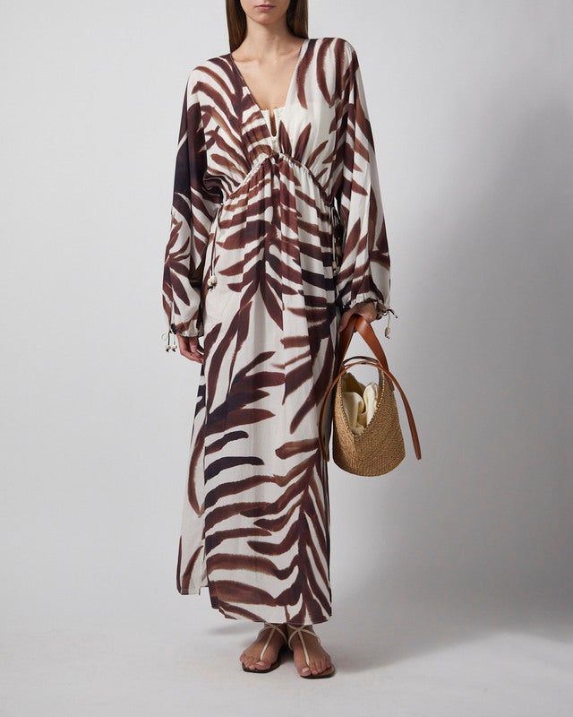 Malina Kaftan Joseline Sheer Drawstring Maxi White/Brown M-L