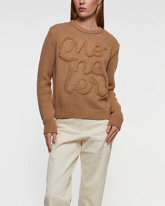 Moncler Sweater Embroidered Logo Cotton Jumper Beige S