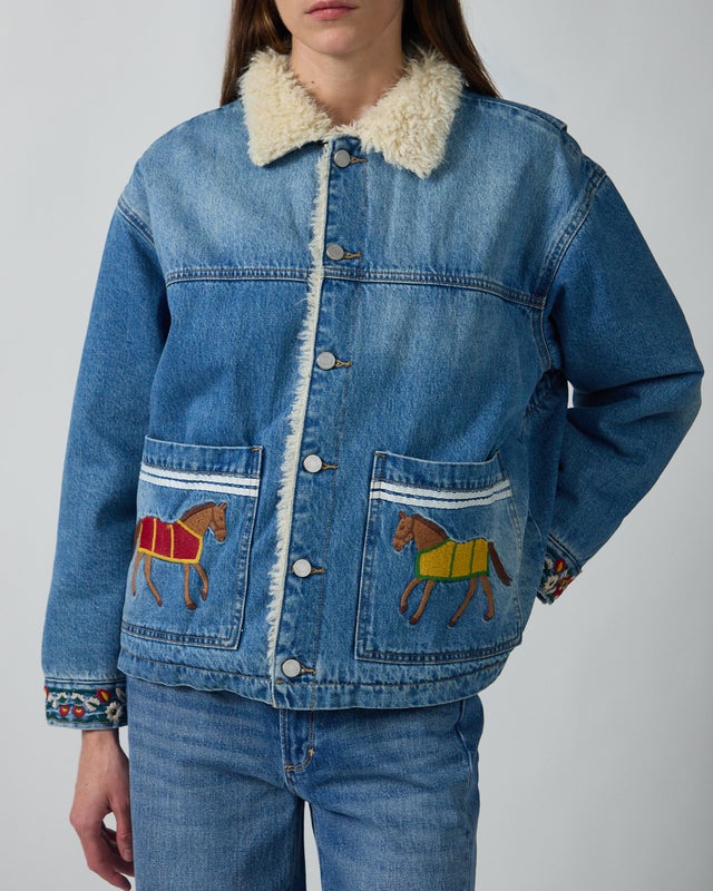 Found Jacket Horse Equine Denim Work Vintage Blue M