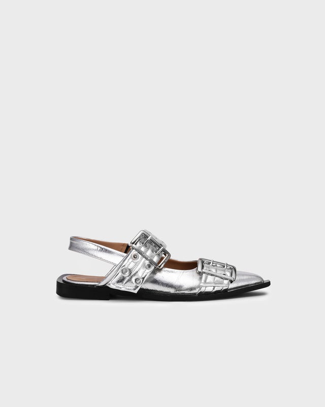 Ganni Ballerina Feminine Buckle Metallic Silver EUR 41