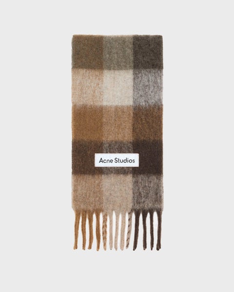 Check Fringe Scarf Brown 1