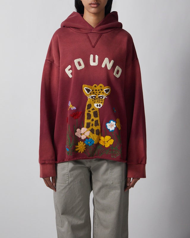 Found Hoodie Wildlife Embroidered Unisex Burgundy XS