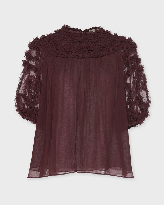 Ulla Johnson Blouse Isolda Silk Smocked Short Sleeve Mahogny US 6 (EUR 38)