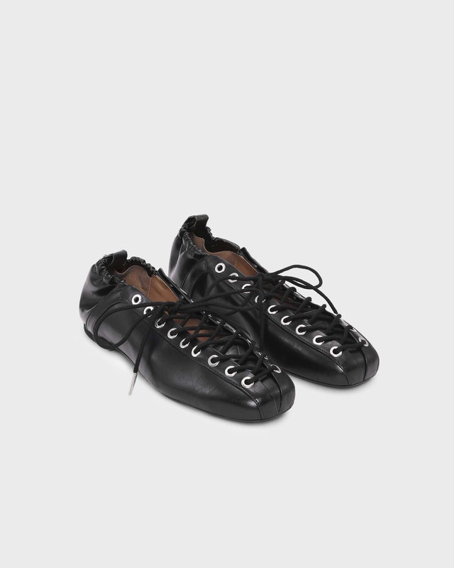 Ganni Ballerina Eyelets Lace Up Crinkle Oleatex Black EUR 37