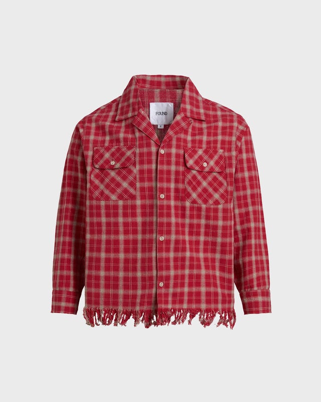 Found Shirt Camp Raw Cut Fringe Plaid Red L