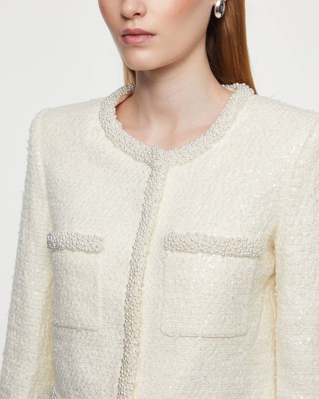 Self-Portrait Jacket Cream Bouclé Pearl Trim Cream UK 6 (EUR 34)