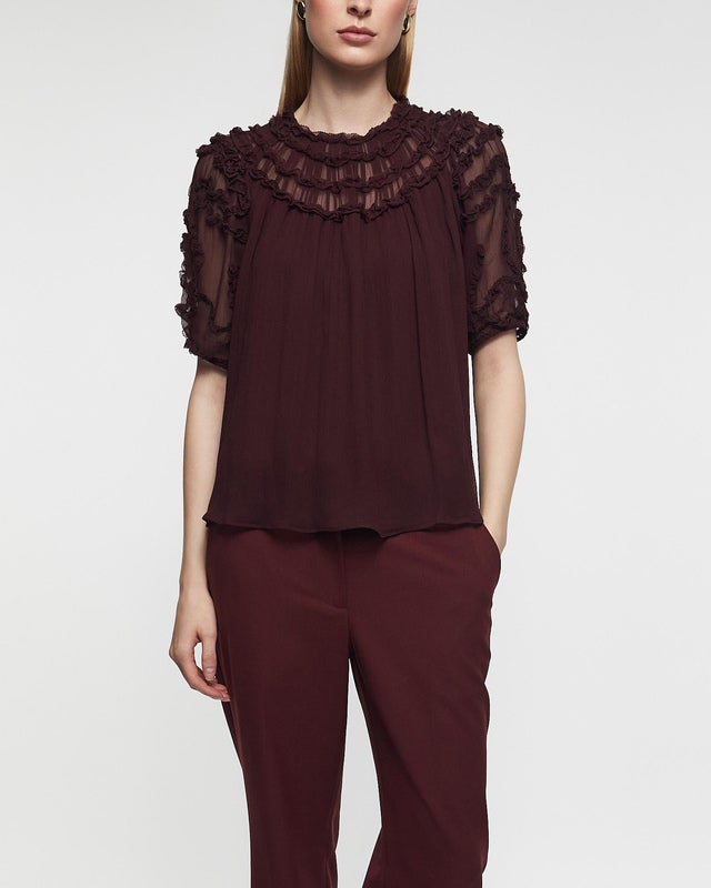 Ulla Johnson Blouse Isolda Silk Smocked Short Sleeve Mahogny US 6 (EUR 38)