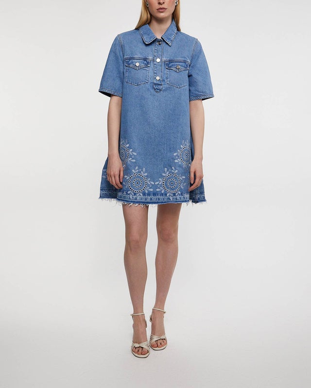 GANNI Klänning  Broderie Anglaise Denim Mini Ljusblå 36