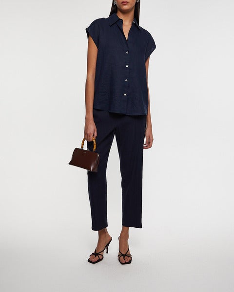 Blus Linen Cap-Sleeve Button-Front Blå 2