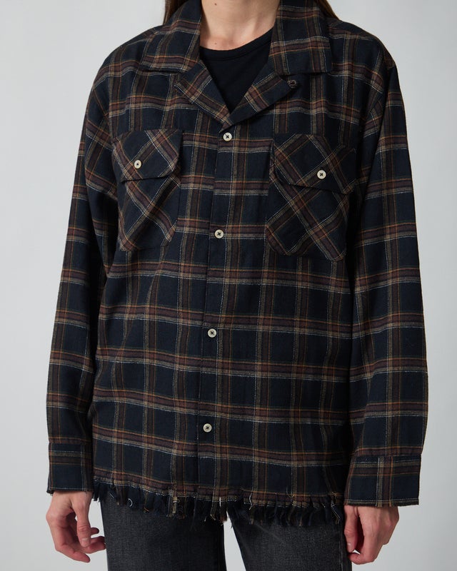 Found Shirt Raw Cut Fringe Plaid Camp Navy L