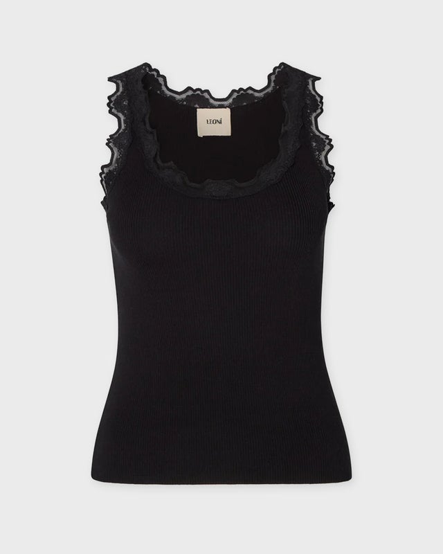 LEONÍ Top Älma Lace-Trimmed Ribbed Silk Black 40