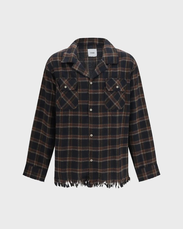 Found Shirt Raw Cut Fringe Plaid Camp Navy L