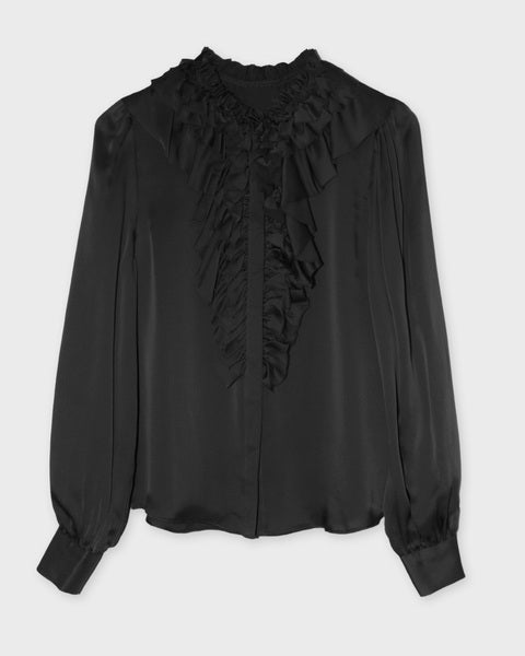 Blouse Rouen Silk Ruffle Front Long Sleeve  Noir 1