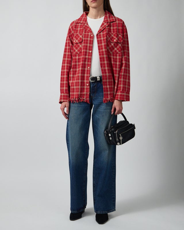 Found Shirt Camp Raw Cut Fringe Plaid Red L