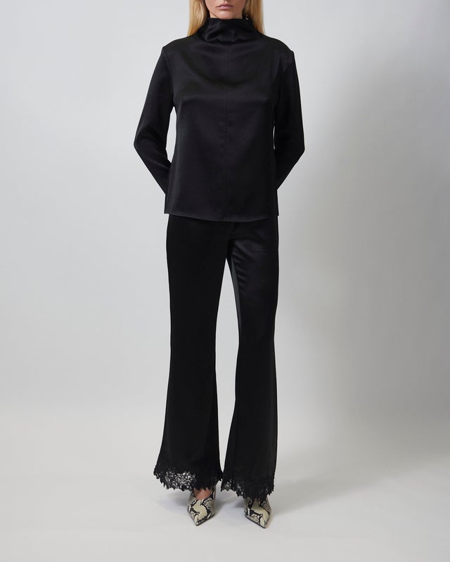 Malina Trousers Marine Satin Lace Hem Black 42