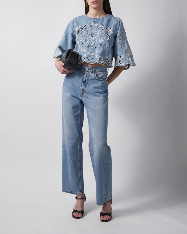 FARM Rio Blouse Denim Richelieux Cropped Denim XS