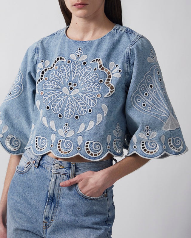 FARM Rio Blouse Denim Richelieux Cropped Denim XS