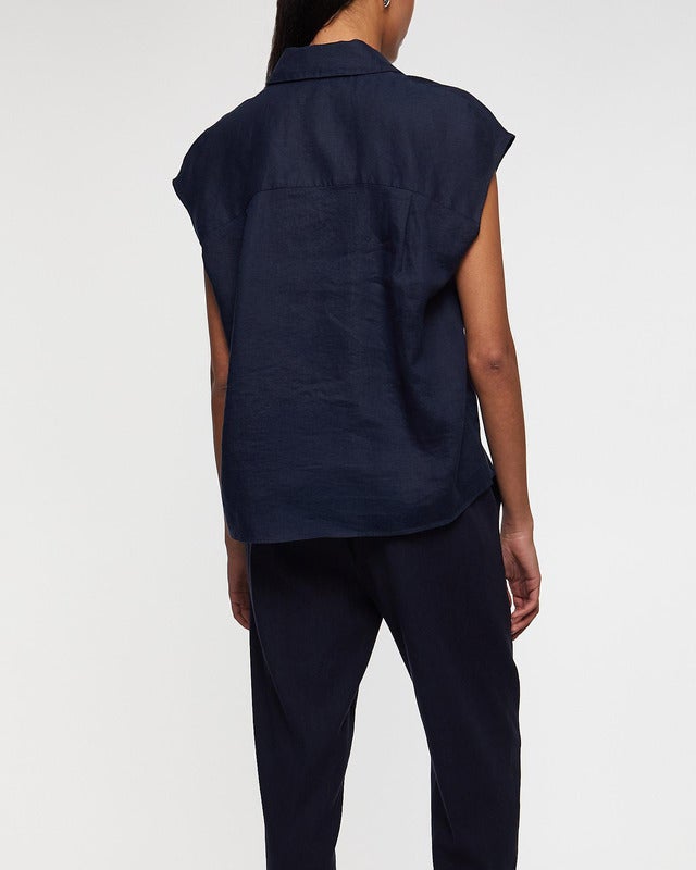 Vince Blus Linen Cap-Sleeve Button-Front Blå XS