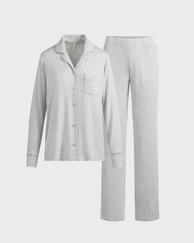 Skims Pajama Set Sleep Long Sleeve Button Up Light Heather Gray M