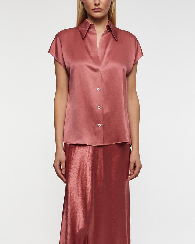 Vince Blus Silk Cap-Sleeve Ruched-Back  Wood S