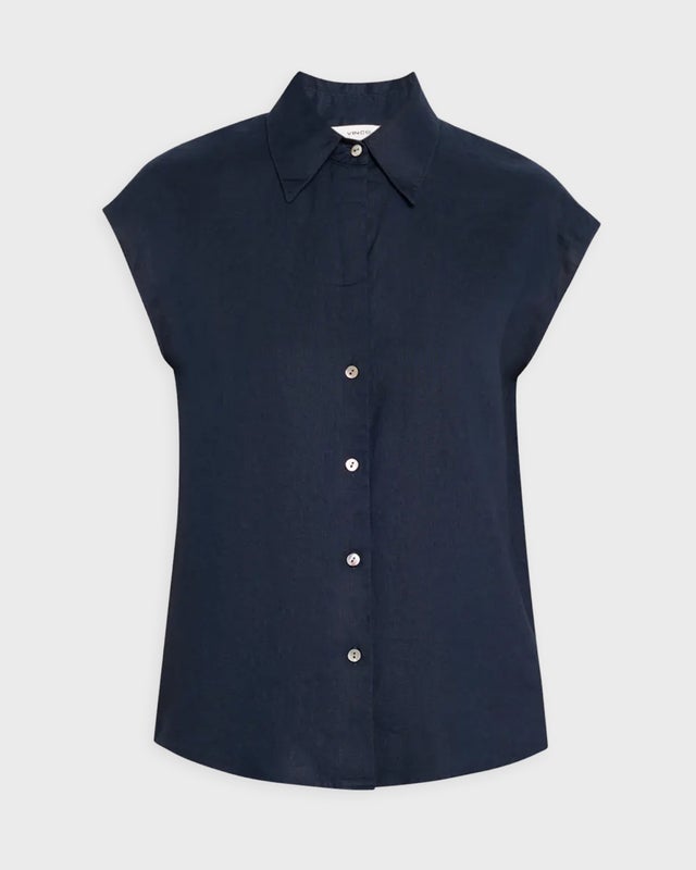 Vince Blus Linen Cap-Sleeve Button-Front Blå XS