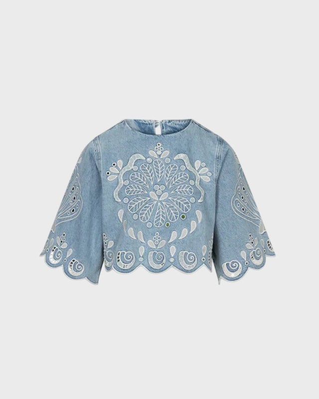 FARM Rio Blouse Denim Richelieux Cropped Denim XS