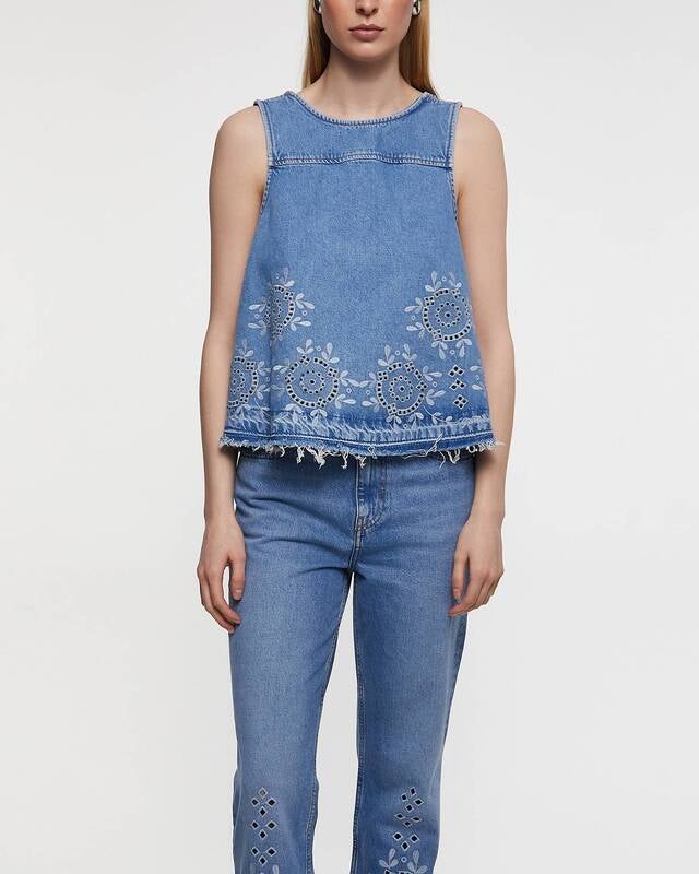 GANNI Topp Broderie Anglaise Denim Ljusblå 40