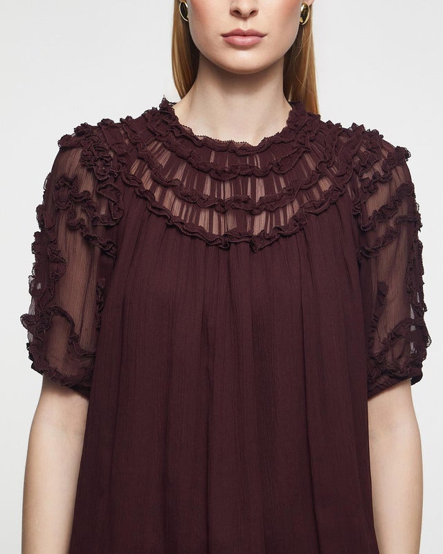 Ulla Johnson Blouse Isolda Silk Smocked Short Sleeve Mahogny US 6 (EUR 38)