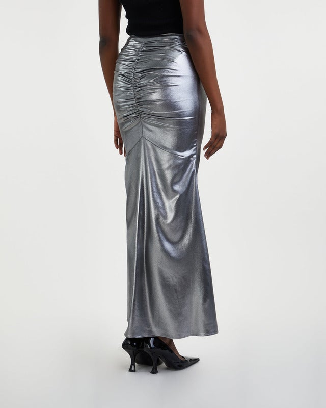 ROTATE Birger Christensen Skirt Metallic Maxi Train Silver 36
