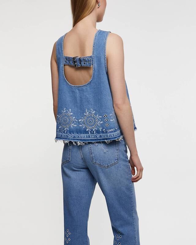 GANNI Topp Broderie Anglaise Denim Ljusblå 40