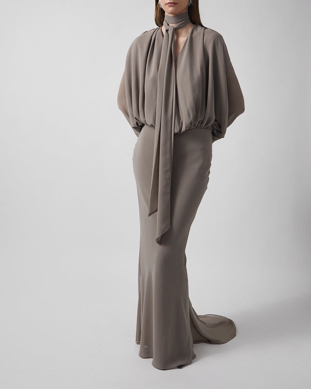 ROTATE Birger Christensen Dress Chiffon Long-Sleeve Maxi 40