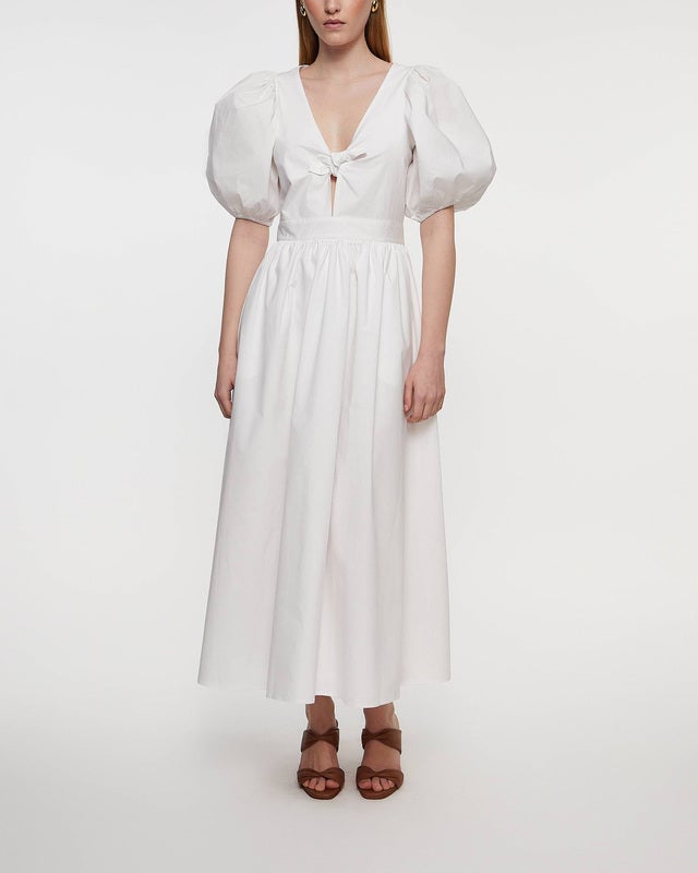 ROTATE Birger Christensen Dress Puff Sleeve Midi  White 42