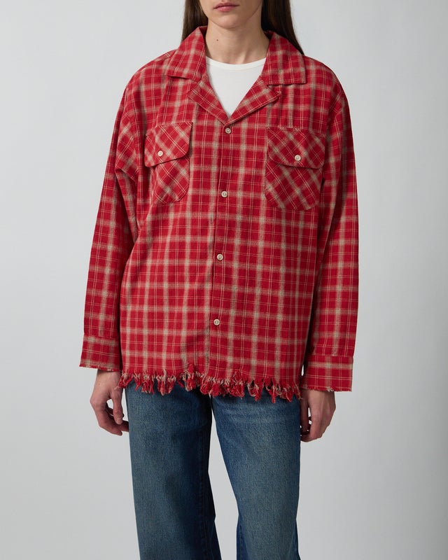 Found Shirt Camp Raw Cut Fringe Plaid Red L