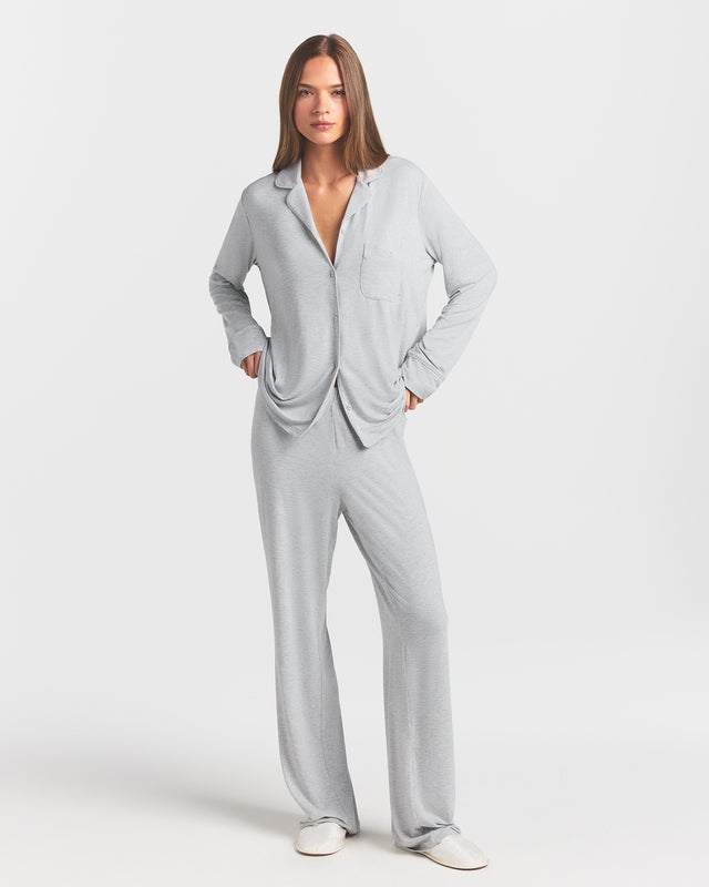 Skims Pajama Set Sleep Long Sleeve Button Up Light Heather Gray M