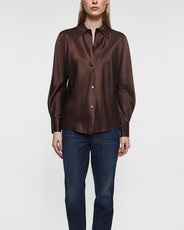 Vince Blouse Silk Bias Long-Sleeve Espresso L