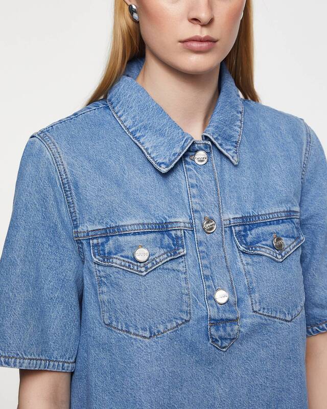 GANNI Klänning  Broderie Anglaise Denim Mini Ljusblå 36
