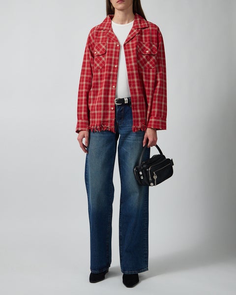 Shirt Camp Raw Cut Fringe Plaid Red 2