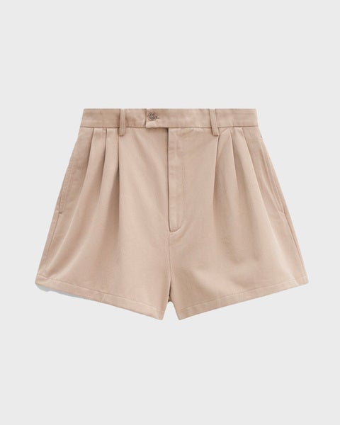 Shorts High Waist Pleated Cotton Beige 1