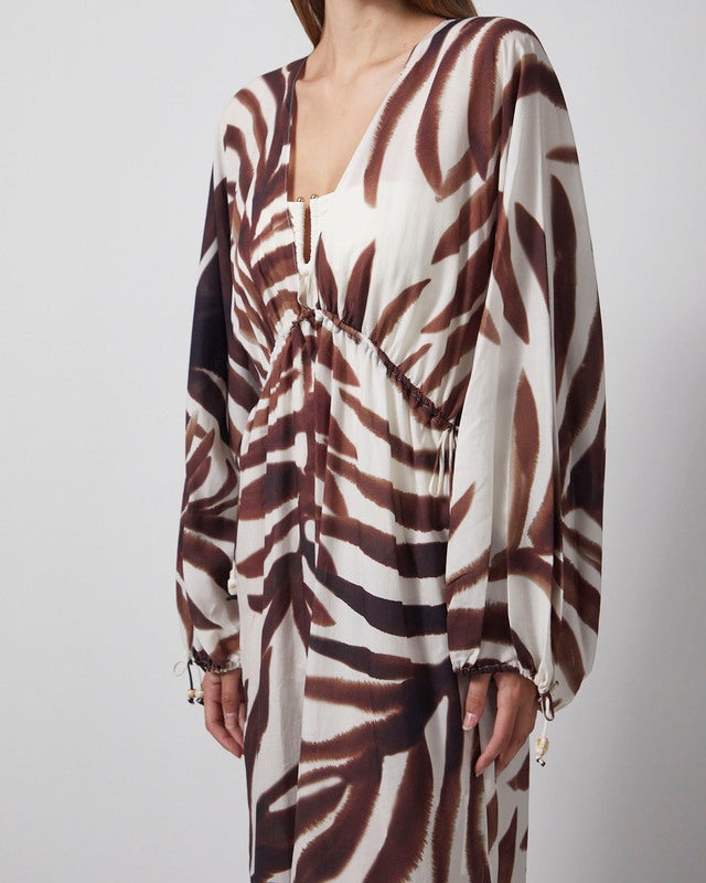 Malina Kaftan Joseline Sheer Drawstring Maxi White/Brown M-L