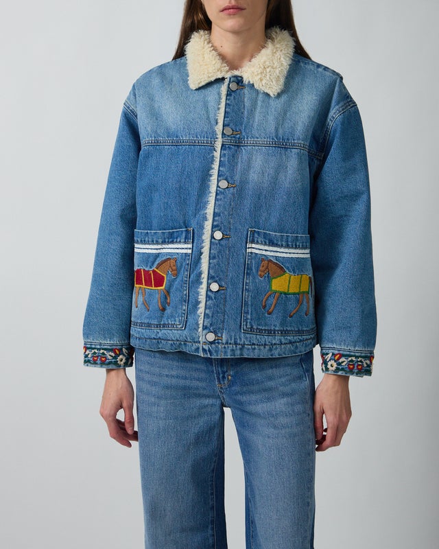 Found Jacket Horse Equine Denim Work Vintage Blue M