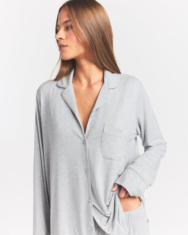 Skims Pajama Set Sleep Long Sleeve Button Up Light Heather Gray M