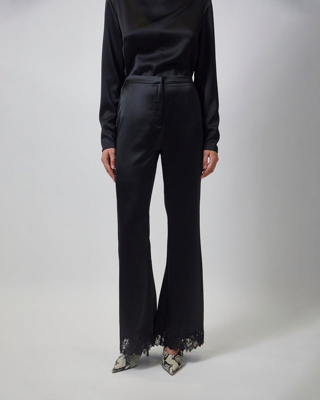 Malina Trousers Marine Satin Lace Hem Black 42