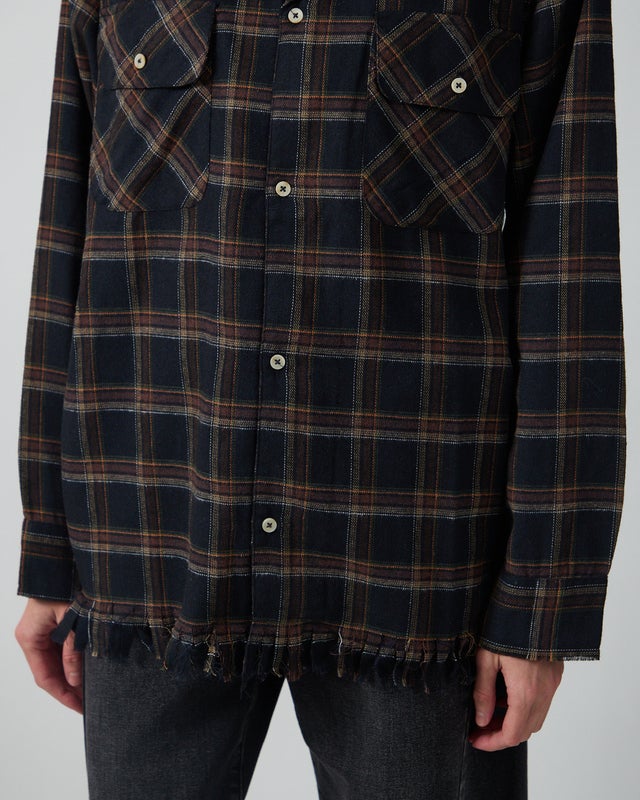 Found Shirt Raw Cut Fringe Plaid Camp Navy L